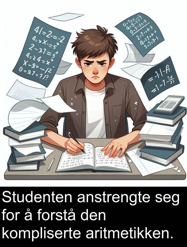 anstrengte: Studenten anstrengte seg for å forstå den kompliserte aritmetikken.