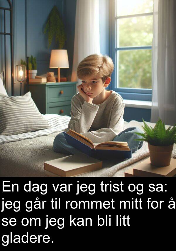bli: En dag var jeg trist og sa: jeg går til rommet mitt for å se om jeg kan bli litt gladere.