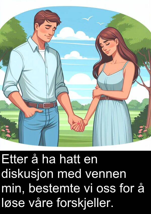 bestemte: Etter å ha hatt en diskusjon med vennen min, bestemte vi oss for å løse våre forskjeller.