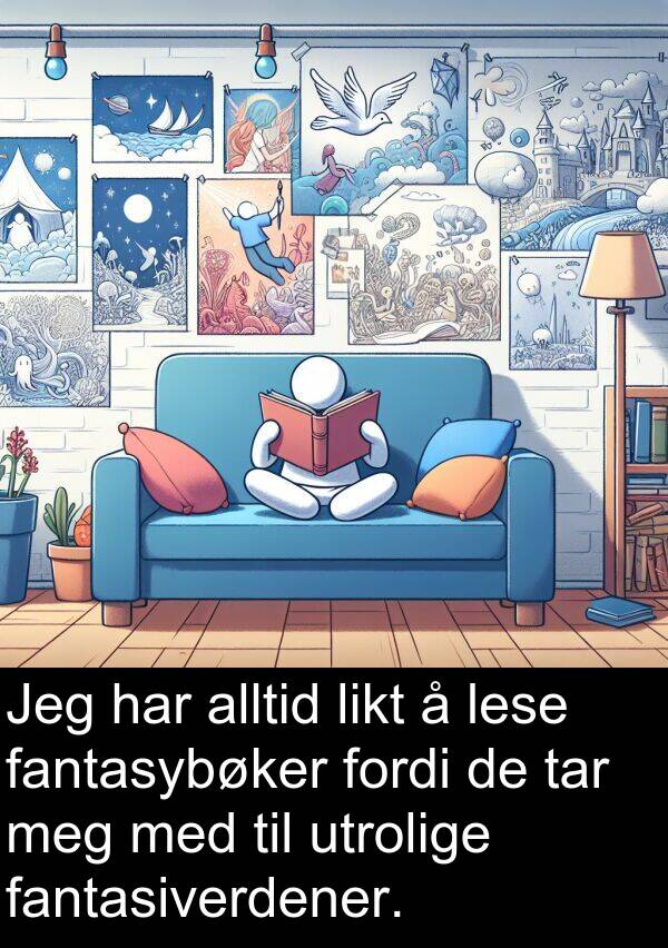 fantasiverdener: Jeg har alltid likt å lese fantasybøker fordi de tar meg med til utrolige fantasiverdener.