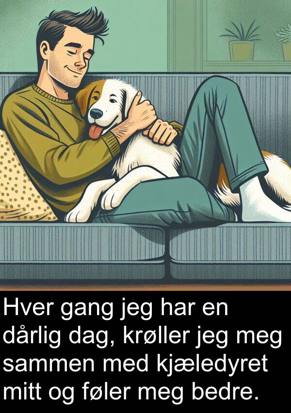 dårlig: Hver gang jeg har en dårlig dag, krøller jeg meg sammen med kjæledyret mitt og føler meg bedre.