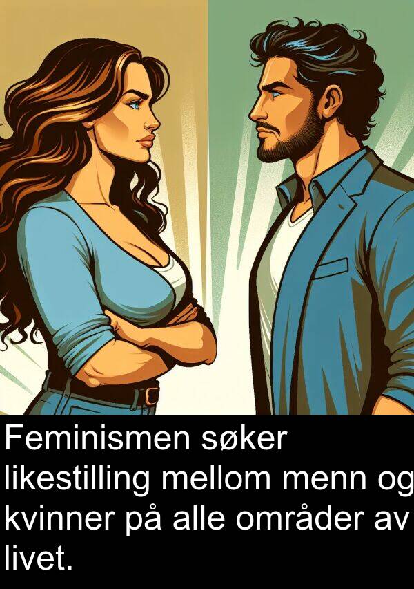 områder: Feminismen søker likestilling mellom menn og kvinner på alle områder av livet.