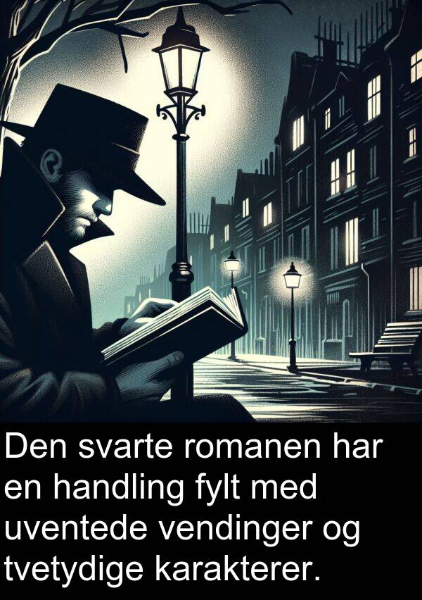 handling: Den svarte romanen har en handling fylt med uventede vendinger og tvetydige karakterer.