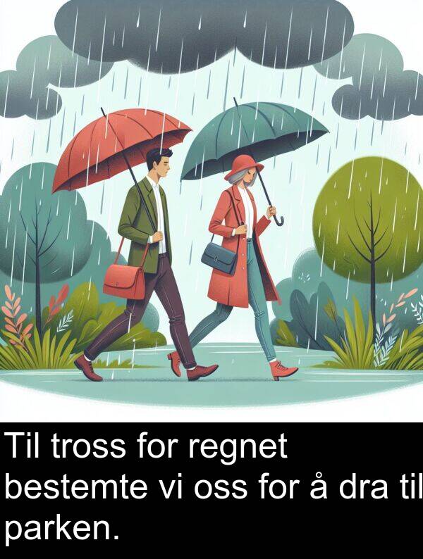 oss: Til tross for regnet bestemte vi oss for å dra til parken.