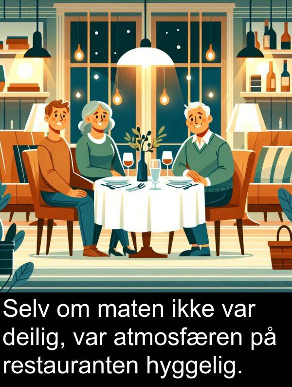 maten: Selv om maten ikke var deilig, var atmosfæren på restauranten hyggelig.