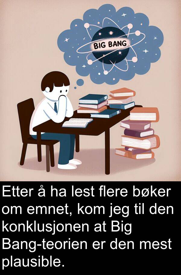 bøker: Etter å ha lest flere bøker om emnet, kom jeg til den konklusjonen at Big Bang-teorien er den mest plausible.