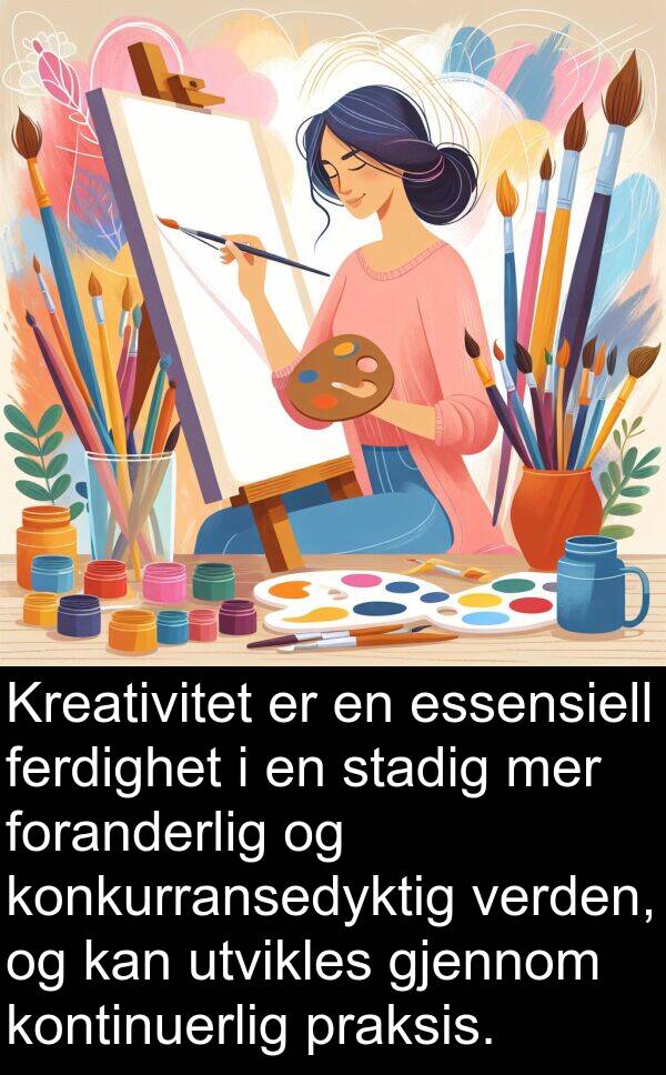 ferdighet: Kreativitet er en essensiell ferdighet i en stadig mer foranderlig og konkurransedyktig verden, og kan utvikles gjennom kontinuerlig praksis.