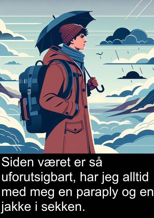 sekken: Siden været er så uforutsigbart, har jeg alltid med meg en paraply og en jakke i sekken.