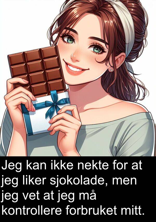 nekte: Jeg kan ikke nekte for at jeg liker sjokolade, men jeg vet at jeg må kontrollere forbruket mitt.