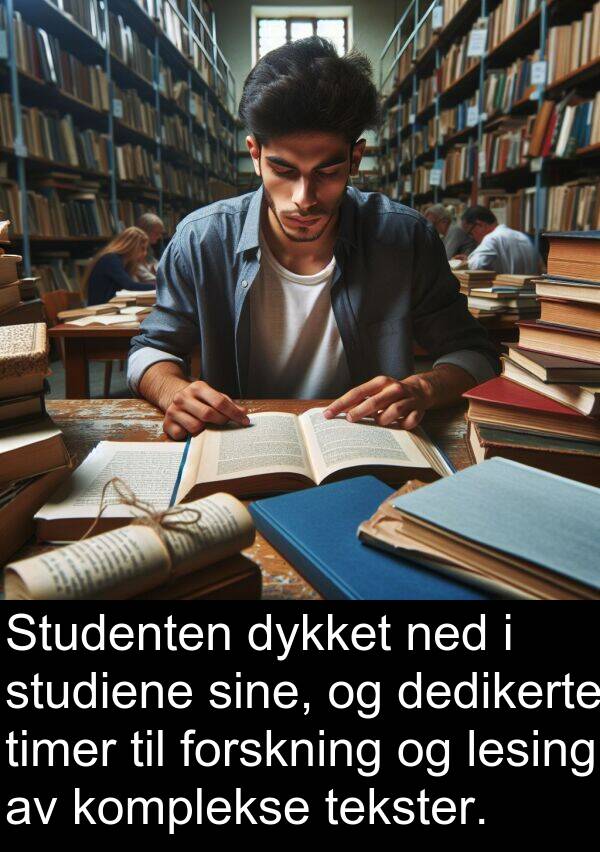 komplekse: Studenten dykket ned i studiene sine, og dedikerte timer til forskning og lesing av komplekse tekster.