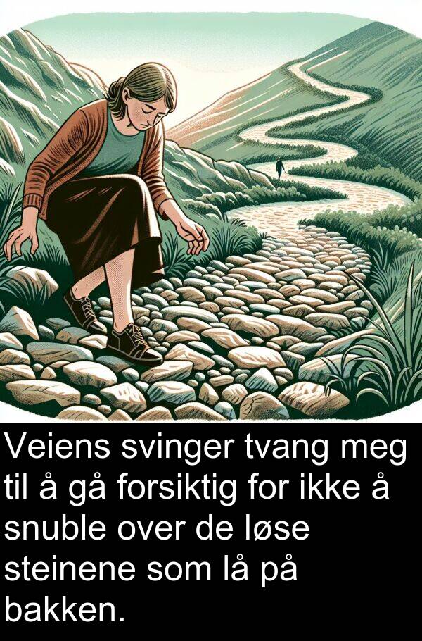 bakken: Veiens svinger tvang meg til å gå forsiktig for ikke å snuble over de løse steinene som lå på bakken.