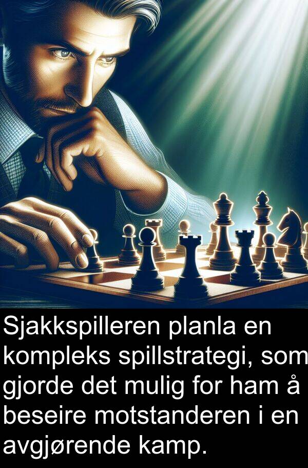 planla: Sjakkspilleren planla en kompleks spillstrategi, som gjorde det mulig for ham å beseire motstanderen i en avgjørende kamp.