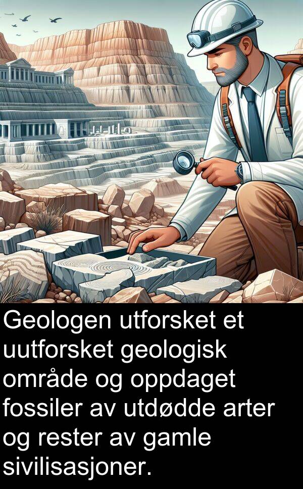 oppdaget: Geologen utforsket et uutforsket geologisk område og oppdaget fossiler av utdødde arter og rester av gamle sivilisasjoner.