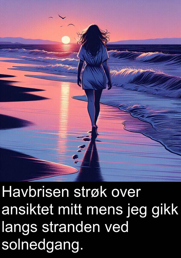 strøk: Havbrisen strøk over ansiktet mitt mens jeg gikk langs stranden ved solnedgang.