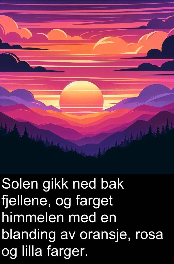 oransje: Solen gikk ned bak fjellene, og farget himmelen med en blanding av oransje, rosa og lilla farger.