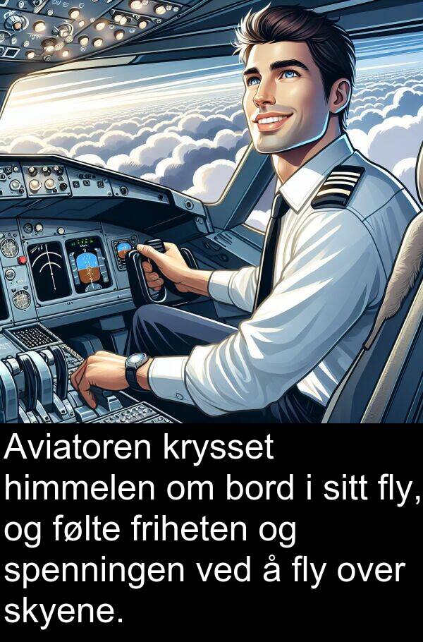 fly: Aviatoren krysset himmelen om bord i sitt fly, og følte friheten og spenningen ved å fly over skyene.