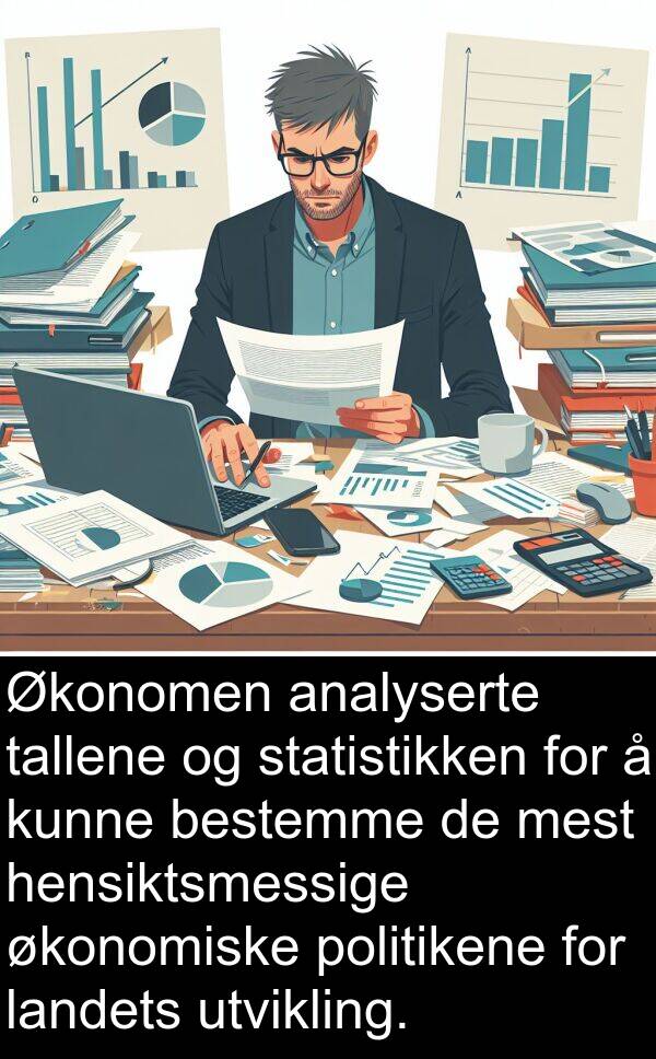 analyserte: Økonomen analyserte tallene og statistikken for å kunne bestemme de mest hensiktsmessige økonomiske politikene for landets utvikling.