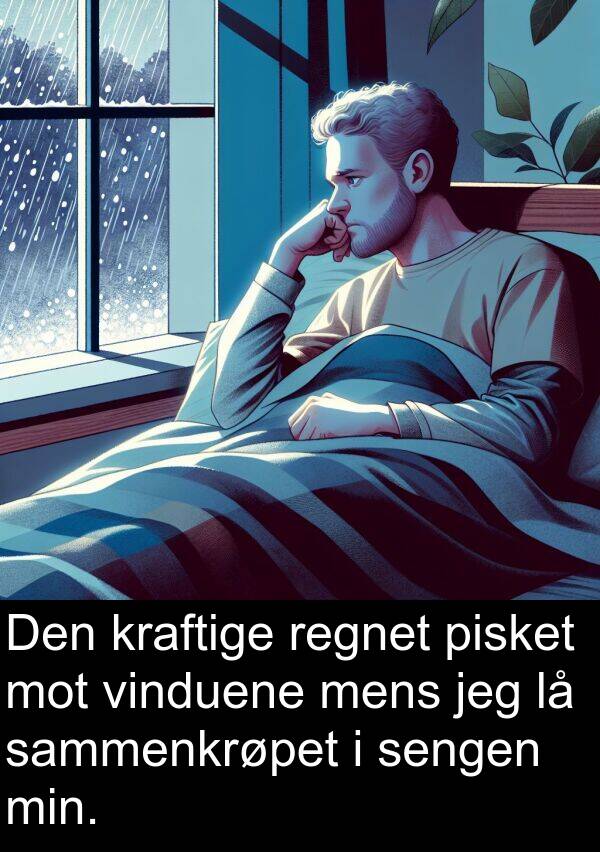 regnet: Den kraftige regnet pisket mot vinduene mens jeg lå sammenkrøpet i sengen min.