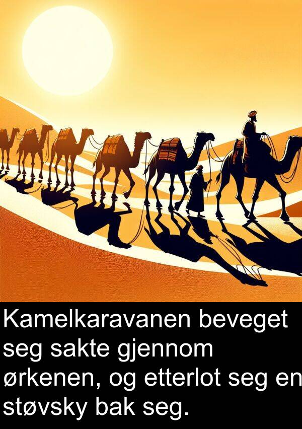 etterlot: Kamelkaravanen beveget seg sakte gjennom ørkenen, og etterlot seg en støvsky bak seg.