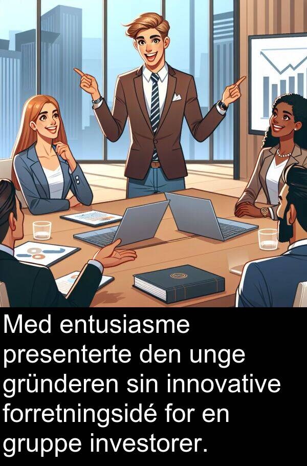 gruppe: Med entusiasme presenterte den unge gründeren sin innovative forretningsidé for en gruppe investorer.
