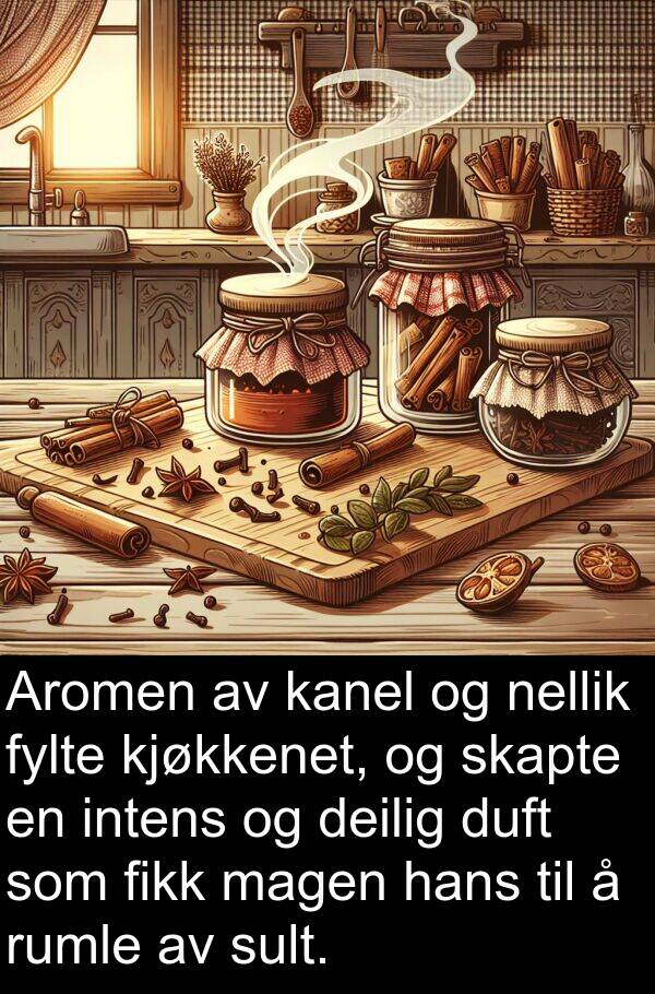 magen: Aromen av kanel og nellik fylte kjøkkenet, og skapte en intens og deilig duft som fikk magen hans til å rumle av sult.