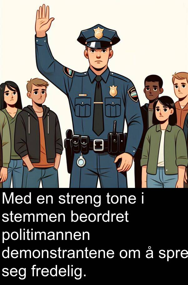 demonstrantene: Med en streng tone i stemmen beordret politimannen demonstrantene om å spre seg fredelig.