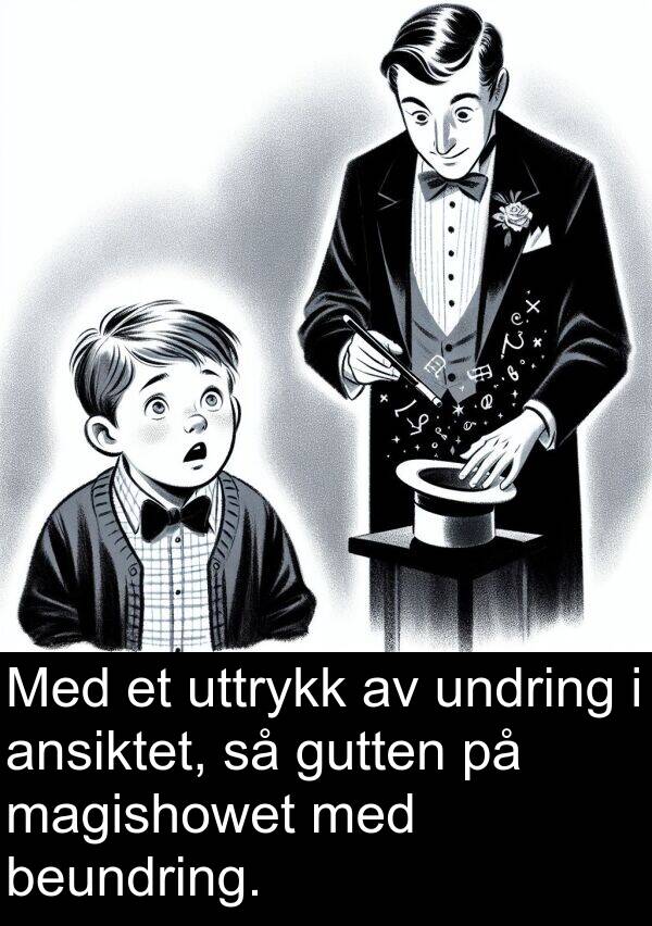uttrykk: Med et uttrykk av undring i ansiktet, så gutten på magishowet med beundring.
