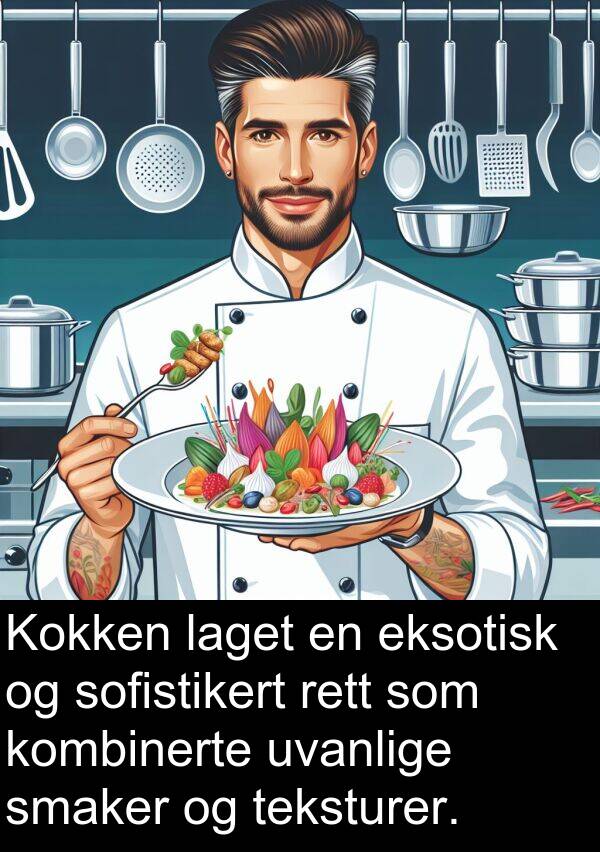 rett: Kokken laget en eksotisk og sofistikert rett som kombinerte uvanlige smaker og teksturer.