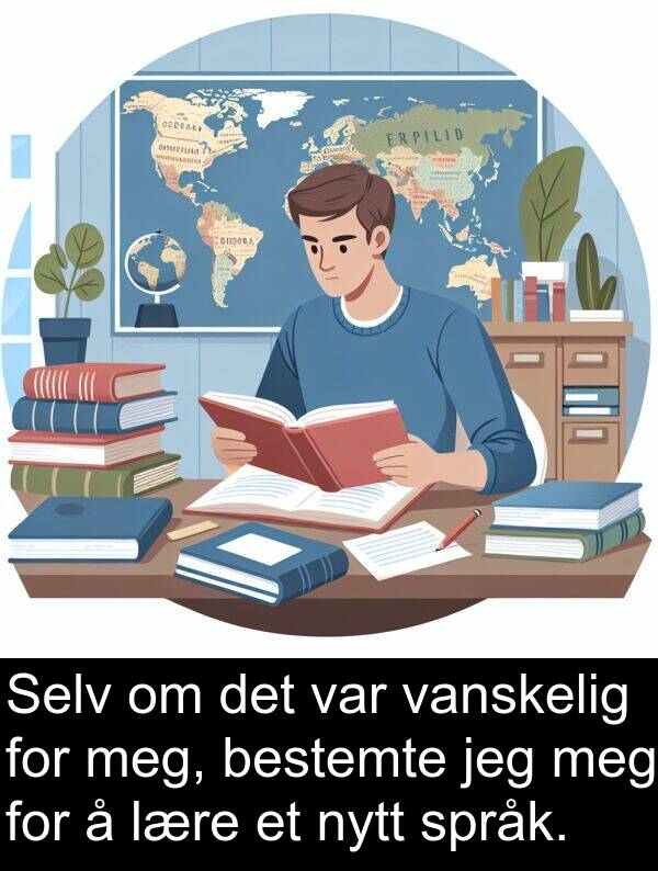 bestemte: Selv om det var vanskelig for meg, bestemte jeg meg for å lære et nytt språk.