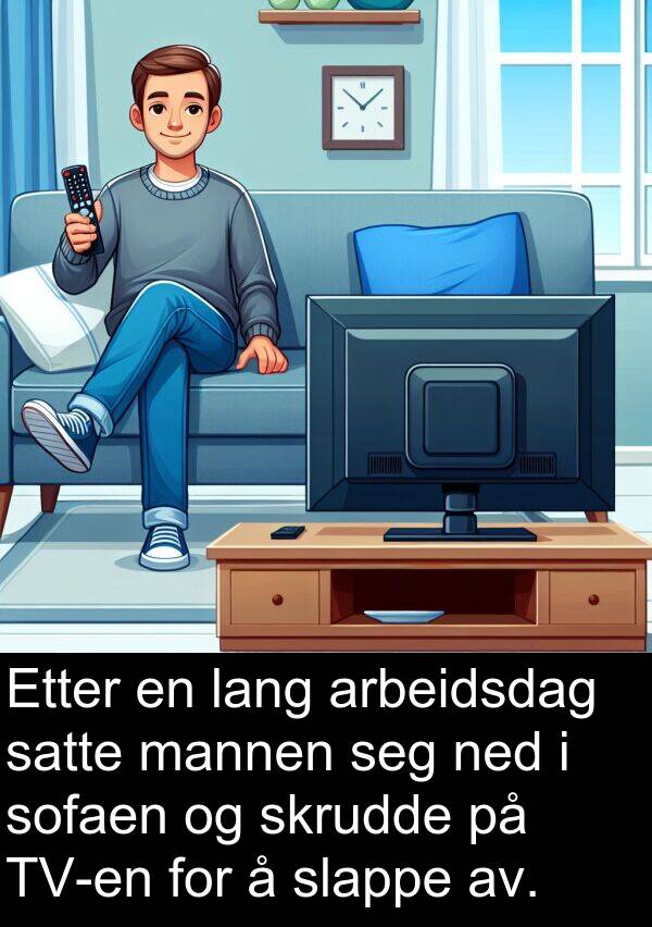 satte: Etter en lang arbeidsdag satte mannen seg ned i sofaen og skrudde på TV-en for å slappe av.
