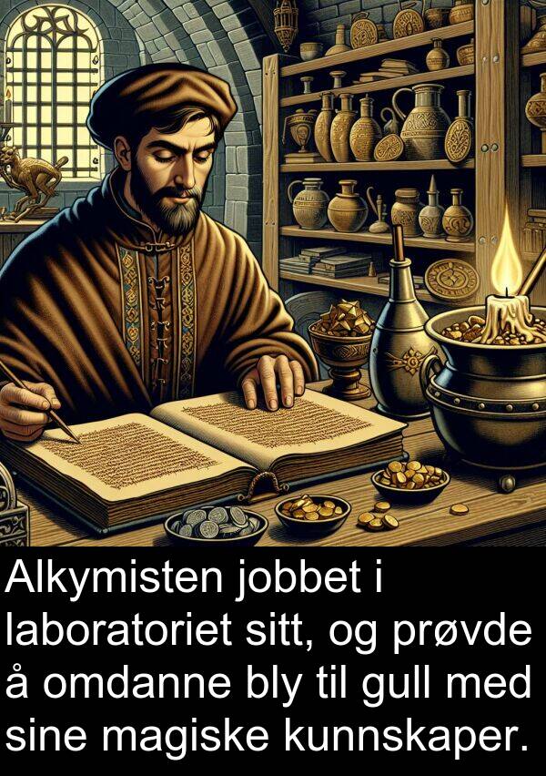 jobbet: Alkymisten jobbet i laboratoriet sitt, og prøvde å omdanne bly til gull med sine magiske kunnskaper.