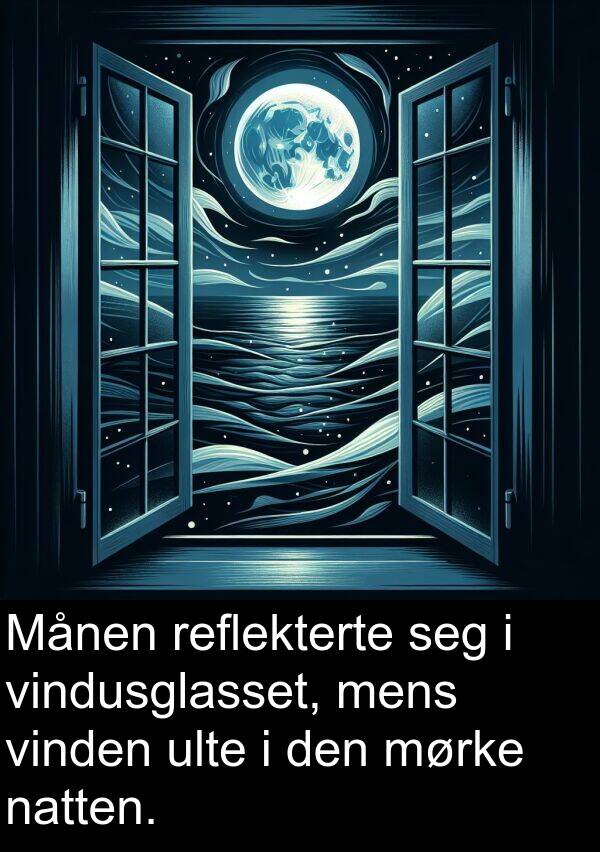 mens: Månen reflekterte seg i vindusglasset, mens vinden ulte i den mørke natten.