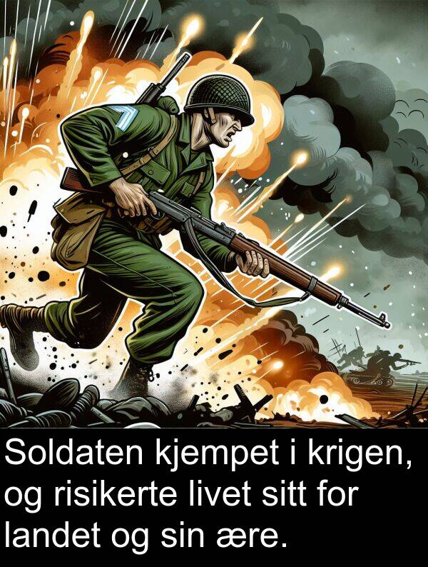 kjempet: Soldaten kjempet i krigen, og risikerte livet sitt for landet og sin ære.