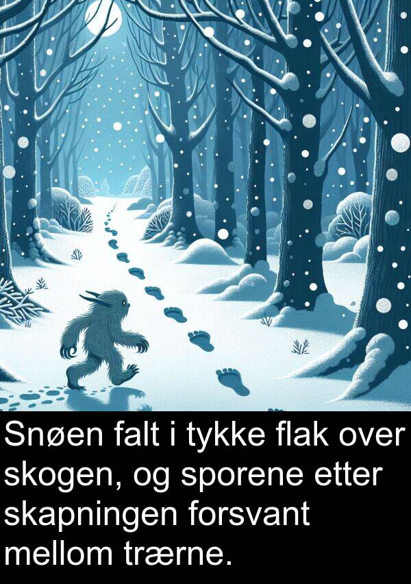 skogen: Snøen falt i tykke flak over skogen, og sporene etter skapningen forsvant mellom trærne.