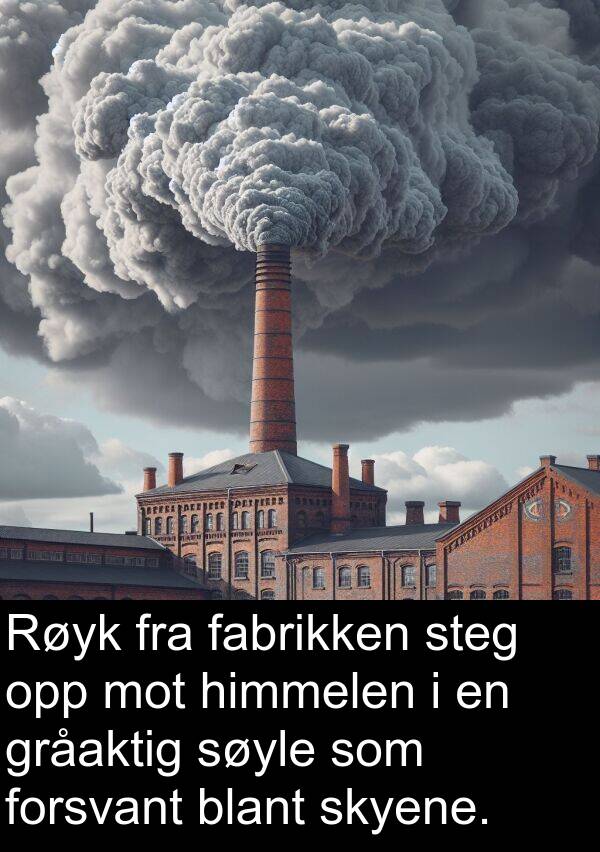 fabrikken: Røyk fra fabrikken steg opp mot himmelen i en gråaktig søyle som forsvant blant skyene.
