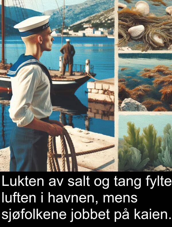 havnen: Lukten av salt og tang fylte luften i havnen, mens sjøfolkene jobbet på kaien.