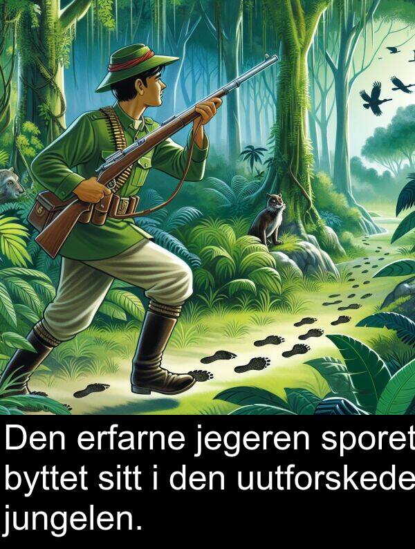 uutforskede: Den erfarne jegeren sporet byttet sitt i den uutforskede jungelen.