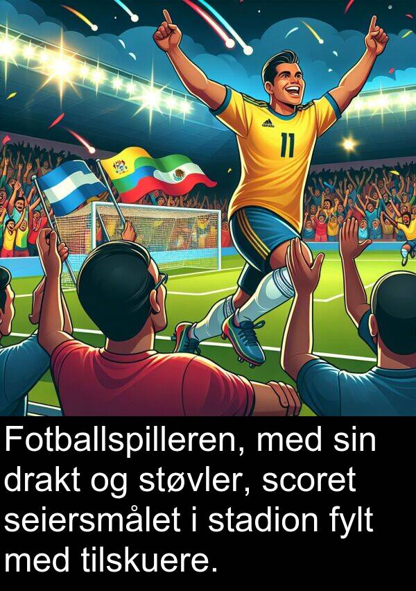 scoret: Fotballspilleren, med sin drakt og støvler, scoret seiersmålet i stadion fylt med tilskuere.