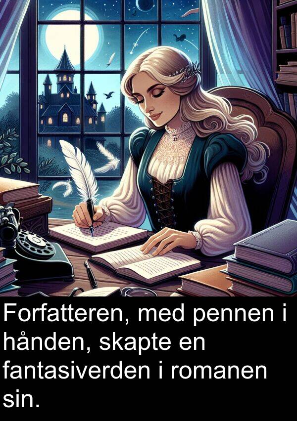 hånden: Forfatteren, med pennen i hånden, skapte en fantasiverden i romanen sin.