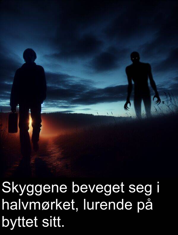 beveget: Skyggene beveget seg i halvmørket, lurende på byttet sitt.