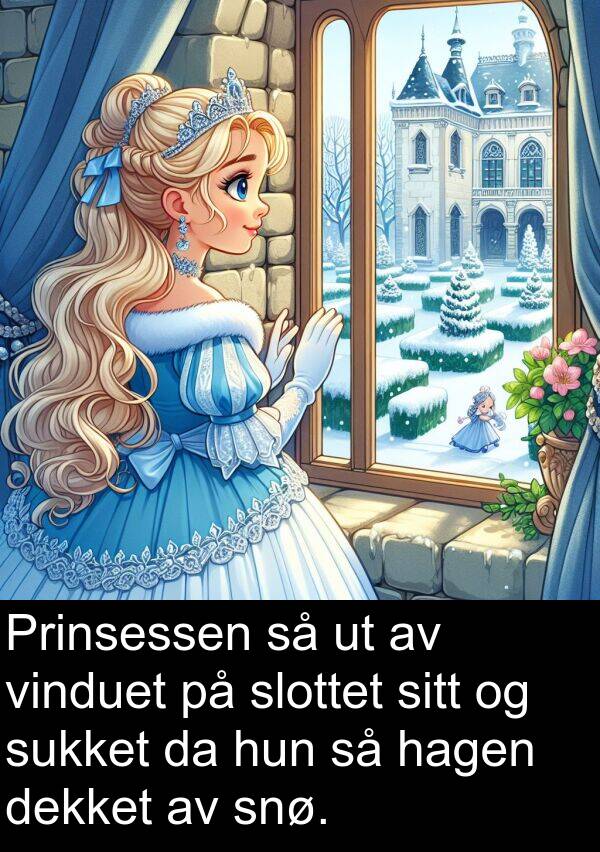 dekket: Prinsessen så ut av vinduet på slottet sitt og sukket da hun så hagen dekket av snø.