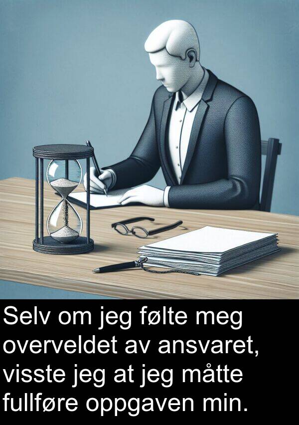 overveldet: Selv om jeg følte meg overveldet av ansvaret, visste jeg at jeg måtte fullføre oppgaven min.
