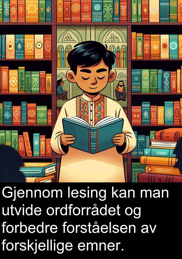 ordforrådet: Gjennom lesing kan man utvide ordforrådet og forbedre forståelsen av forskjellige emner.