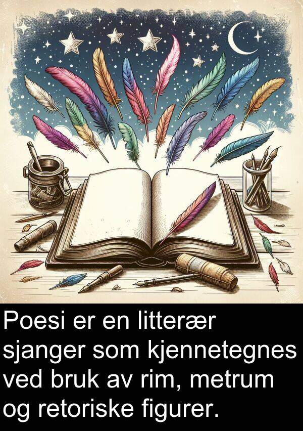 rim: Poesi er en litterær sjanger som kjennetegnes ved bruk av rim, metrum og retoriske figurer.