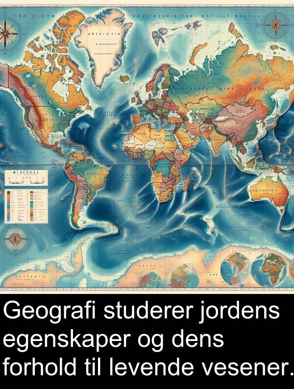 forhold: Geografi studerer jordens egenskaper og dens forhold til levende vesener.