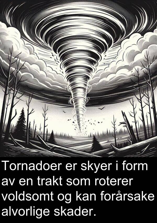 form: Tornadoer er skyer i form av en trakt som roterer voldsomt og kan forårsake alvorlige skader.