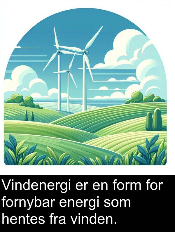 form: Vindenergi er en form for fornybar energi som hentes fra vinden.