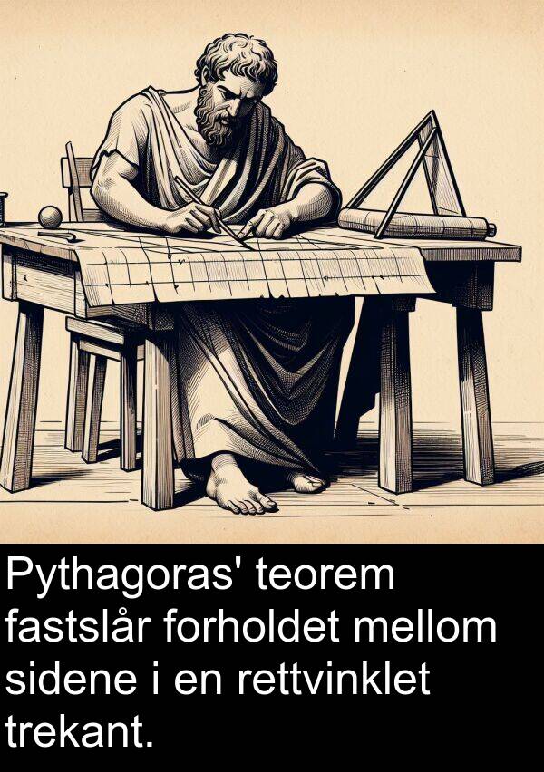 forholdet: Pythagoras' teorem fastslår forholdet mellom sidene i en rettvinklet trekant.