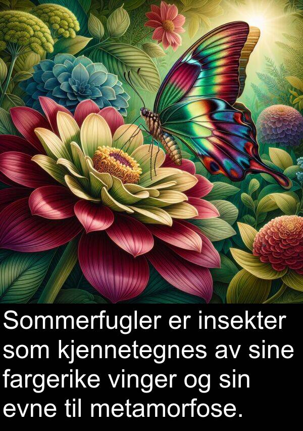 kjennetegnes: Sommerfugler er insekter som kjennetegnes av sine fargerike vinger og sin evne til metamorfose.