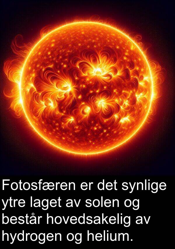 består: Fotosfæren er det synlige ytre laget av solen og består hovedsakelig av hydrogen og helium.
